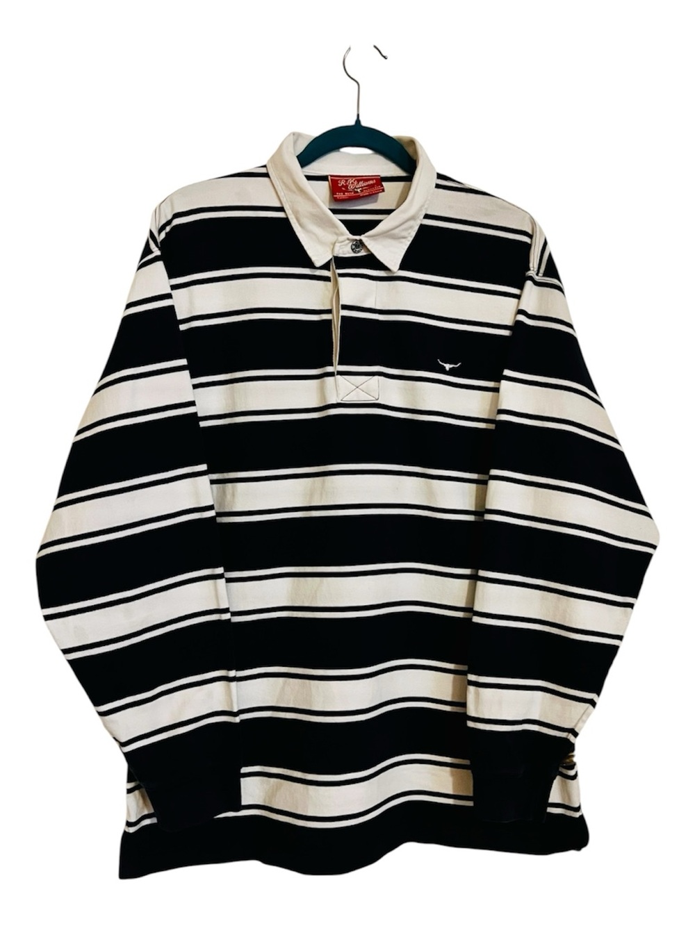 R.M. Williams Navy and White Striped Log Sleeve Rugby Style Shirt XL